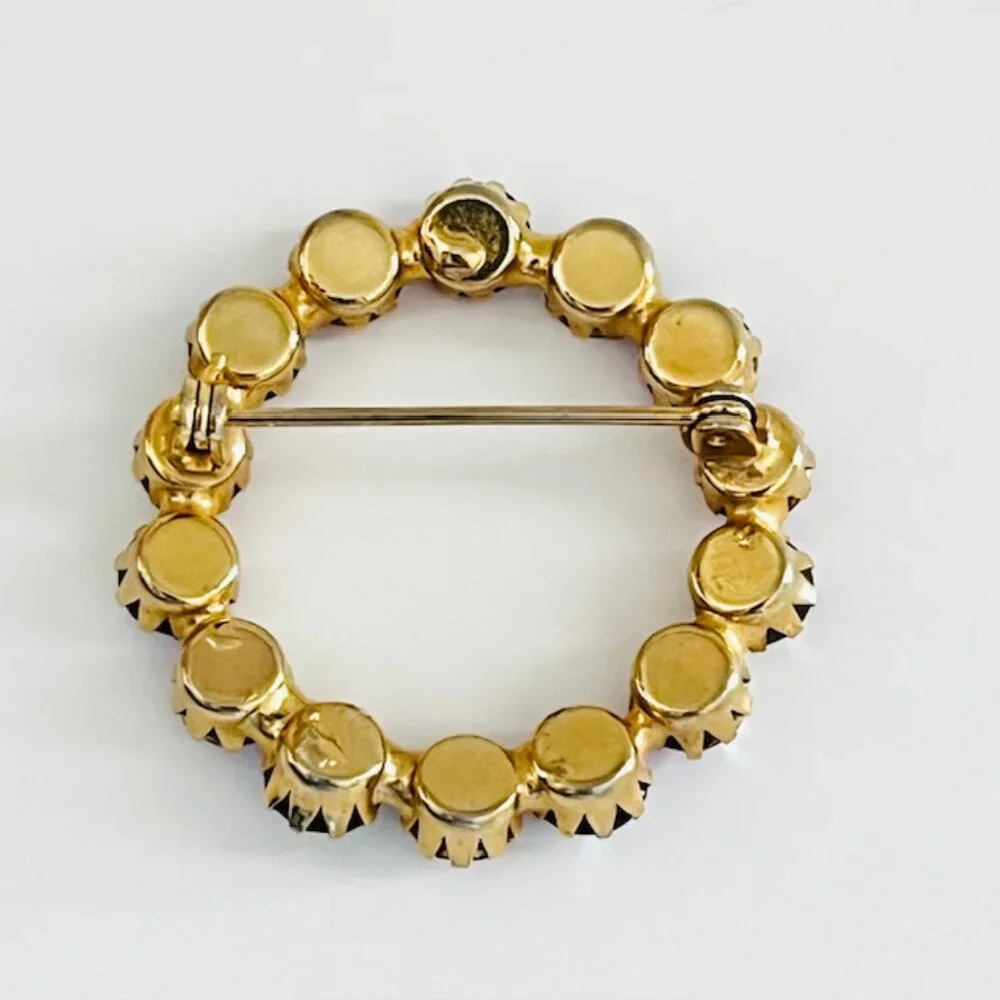 Vintage Iridescent Rhinestone Round Brooch Pin Pink Gold Tone Minimalist
